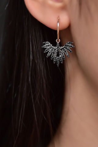 925 Ayar Gümüş Rose Kaplama Siyah Zirkon Taşlı Kadın Anka Kuşu Figürlü Halkalı Küpe