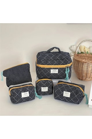 Fochsia Mavi Klasik Ekose Beş Parça Set Çanta Makyaj Çantası Kalemlik Coin Purse Ahşap