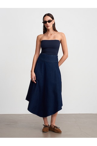 Dilvin 80596 Pamuk Denim Kloş Etek-lacivert 36