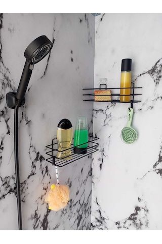 Yapışkanlı Kancalı 2 Adet Banyo Rafı Duş Başlığı Duş Seti Siyah