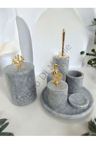 Gri Mermer Klasik Model 7 Parça Gold Renk Mercan Aksesuarlı Banyo Seti Gri