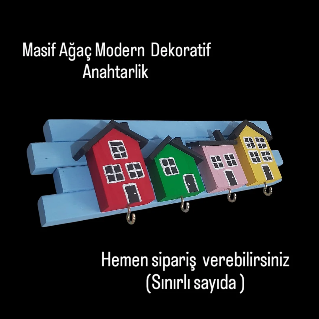 Beren Renkli Ev Dekoratif Ahşap Anahtarlık Mavi