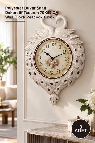 3 Adet Duvara Asmalı Tavuskuşu Saat Polyester Duvar Saati Dekoratif Tasarım 70x50 Cm Wall Clock Peacock Clock Diğer