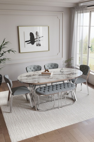 Mutfak Masası Takımı 6 Kişilik Masa Takımı Elma Avangarde Yemek Masa Takımı Benchli Beyaz Mermer Gümüş