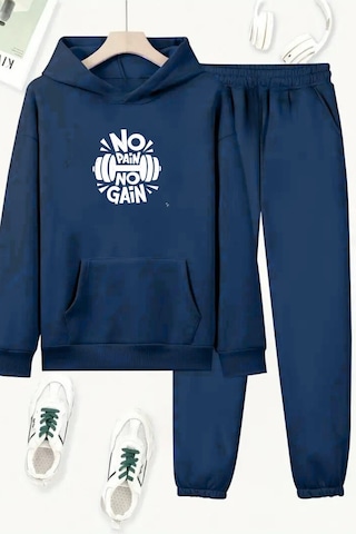 Unisex Lacivert No Pain No Gain Baskılı Eşofman Kapüşon- Kışlık Şardonlu Kumaş Lacivert