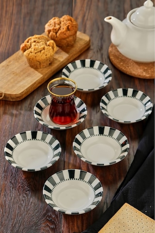 Cooker 6'lı Desenli Porselen Çay Tabağı Siyah