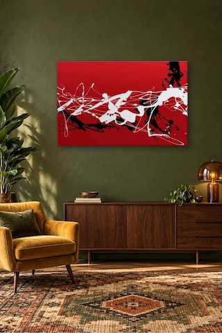 Fida Kırmızı Zeminde Beyaz Ve Siyah Damlatma Canvas Tablo