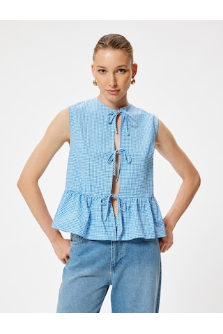 Koton Fiyonk Detaylı Peplum Yelek Pötikare Desenli Mavi Ekose 4sak30155pw Mavi