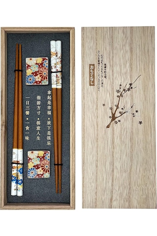 Generic Sushi Yemek Çubuğu Seti, 2 Çift, Çiçek Desenli, Ahşap Kutulu Servis Setleri Kahverengi
