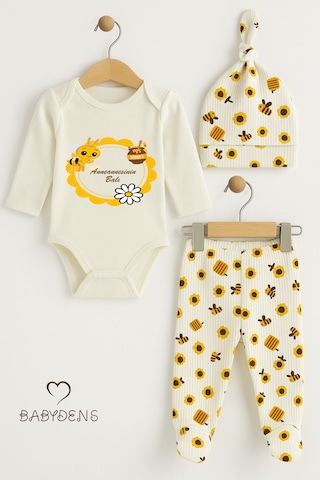 Babyden's Anneannesinin Balı Yazılı 3'lü Set Uzun Kol Body, Patikli Alt Ve Şapka Unisex Bebek Giyim Ekru
