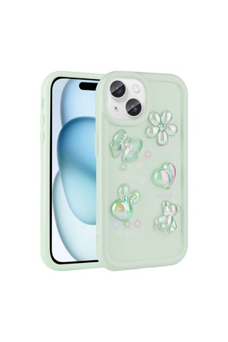 Apple Uyumlu iPhone 15 Plus Kılıf Kabartma Figürlü Parlak Zore Toys Silikon Kapak Light Green