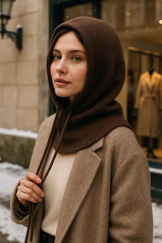 Kadın Triko Balaklava Bere Şapka Rkşbyn-05 Kahverengi Kahverengi