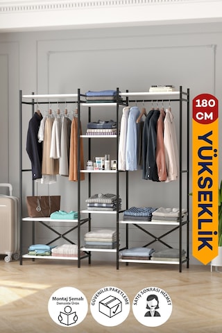 10 Raflı Metal Gardırop Metal Portmanto Açık Gardırop Elbise Dolabı Vestiyer Openix Beyaz