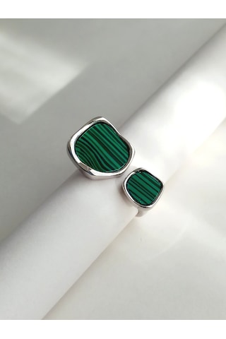 Gümüş Yeşil Malahit Taşlı Kare Tasarım Ayarlanabilir Kadın Yüzük