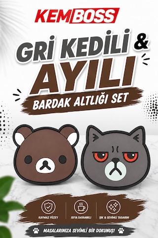 Kemboss Ayıcık Ve Gri Kedi Bardak Altlığı Seti 4'lü - Pvc Kaydırmaz Bardak Altlığı 2 Ayıcık + 2 Gri Kedi Çok Renkli