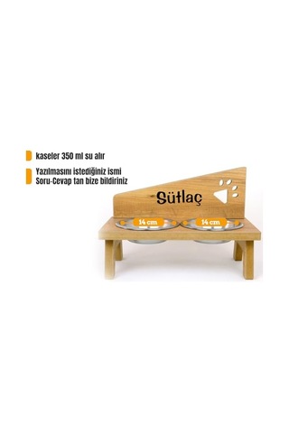 Ahşap Kedi Mama Ve Su Kabı Antik Meşe