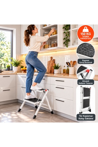 2 Basamaklı Katlanır Merdiven 150 Kg Taşıma Kapasiteli Kaymaz Geniş Basamaklı Yer Kaplamaz Beyaz