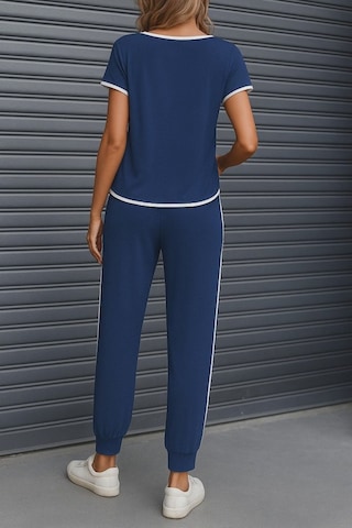 Supplierby Kadın Kısa Kollu Kayık Yaka Viskon Iki Iplik Bluz Ve Bağcıklı Pantolon Ikili Takım Lacivert
