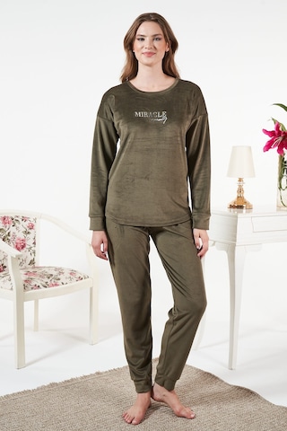 Remsa Kadın Kadife Baskılı Pijama Takımı 25382 Haki Haki
