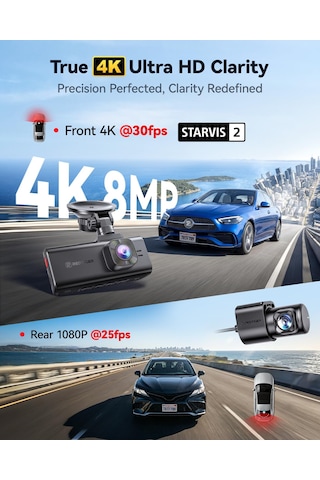Redtıger F7na 4k Araç Kamerası Ön Arka, Starvıs 2 Imx678 8mp Ultra Hd Araç Kamerası, 5,8 Ghz Wifi 20 Mb/s , Gps Ve Ses Kontrolü, Hdr Gece Görüşü, 24 Saat Park İzleme, Sd Kartsız, Maksimum 512 Gb'a Kadar