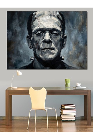 Frankenstein Canavarı Siyah Beyaz Portre Dekoratif Kanvas - Mdf Ahşap Tablo