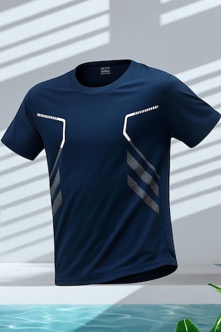 Genius Store Erkek Spor Tişört Antreman Gym Polyester Erkek Sporcu T-shirt Şeritli-tişört Lacivert
