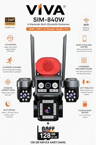 Sım-840w 4 Kameralı Güvenlik Kamerası 12mp Wifi Ptz Aı Hareket Takipli Renkli Gece Görüşlü Ip Kamera +64gb Hafıza Kart Dahil