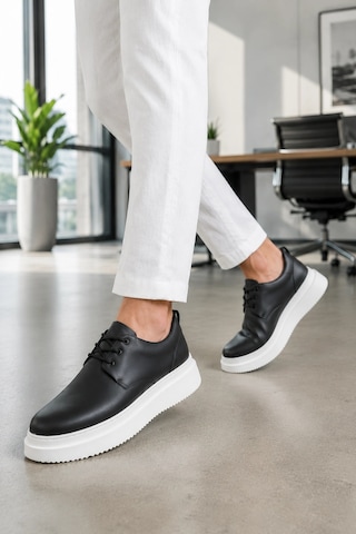 Mevese Ornex Erkek Deri Görünümlü Bağcıklı Casual Sneaker Klasik Günlük Ayakkabı - Siyah Beyaz