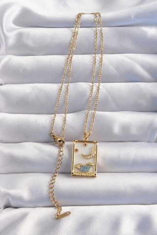 316l Çelik Zincir Gold Renk Ay Detay Mavi Zirkon Taşlı Tarot Kolye 5886 Çok Renkli