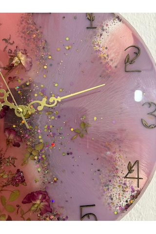 Pelince - Pembe Mor Tomurcuk Güllü Epoksi Duvar Saati Özel Tasarım - Tek Üretim - 30 Cm Pembe