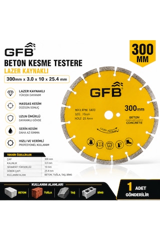 Beton Kesme Testeresi Lazer Kaynaklı Beton Tuğla Taş Bims Keser 300 X 3.0 X 10x25.4 Mm