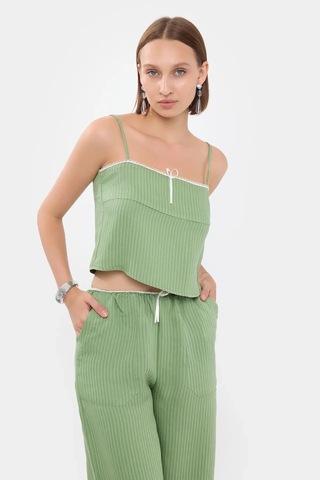 Hiccup Çizgili Kare Yaka Askılı Crop Top Yeşil