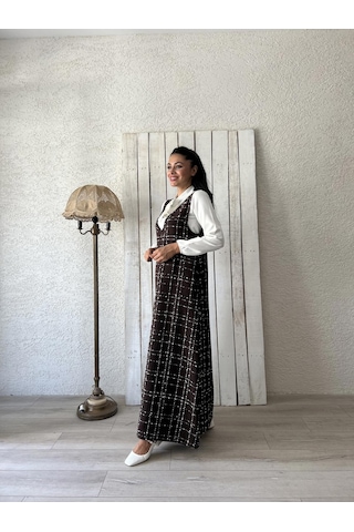 Kahverengi Tüvit A-kesim Jile Elbise Kahverengi