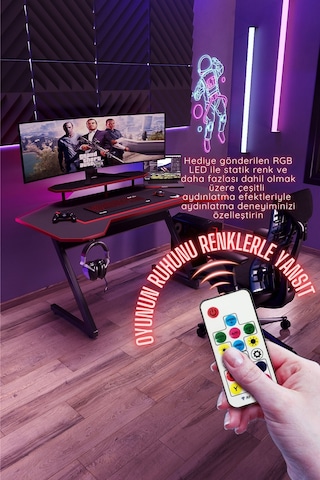 Profesyonel Rgb Ledli Oyuncu Masası 140 75 70 Cm Bilgisayar Masası Gamer Çalışma Masası Antrasit