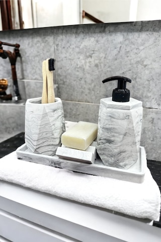 Betonmall 4 Parça Mermer Desenli Beton Banyo Seti Katı Sıvı Sabunluk Diş Fırçalık Tepsi - Gri Gri