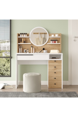 Paris Makyaj Masası Aynalı Çekmeceli Şifonyer Raf Sepet-beyaz