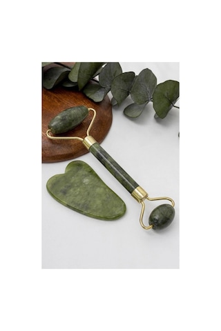 %100 Doğal Yeşim Taşı Seti 2 Başlıklı Masaj Aleti Gua Sha Yüz Bakım Face Roller