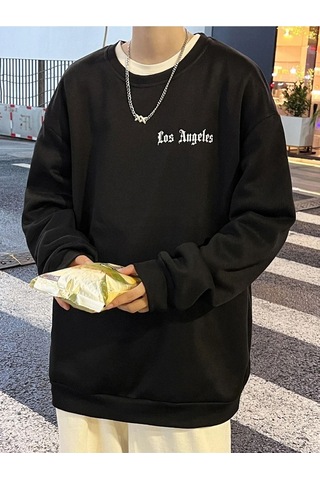 Unisex Oversize Los Angeles Baskılı Bisiklet Yaka Sweatshirt Siyah