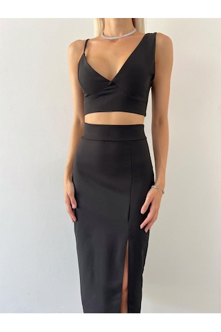 Hgfashion V Yaka Crop Yüksek Bel Yırtmaçlı Midi Etek Duarte Kadın Siyah İkili Takım Siyah