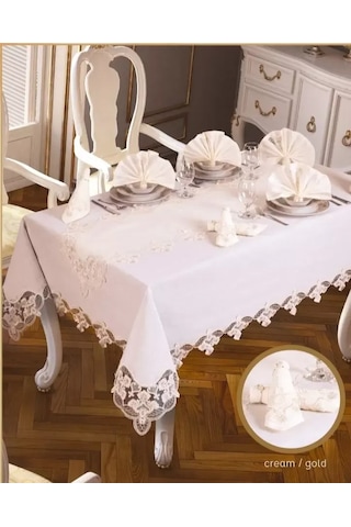Cekihome Karanfil Gardenya Keten Krem-gold 26 Parça 12 Kişilik Premium Yemek Takımı Masa Seti