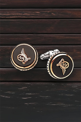 Gümüş Onix Taşlı Osmanlı Tuğralı Yuvarlak Kol Düğmesi