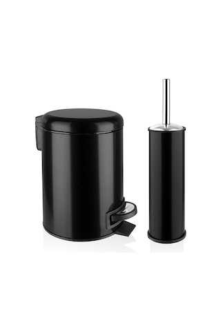 Elit Serisi 4'lü Banyo Seti Çöp Kovası Wc Fırçası Sabunluk Diş Fırçalık - Siyah 3 Lt'li Yavaş Kapanır Siyah