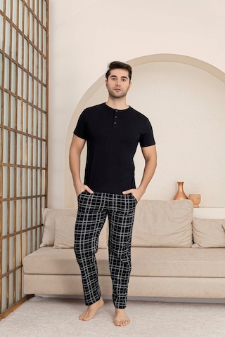 Guava Erkek Ekose Desen 3 Düğmeli Bisiklet Yaka Modal Yazlık Kısa Kol Cepli Pijama Takımı Siyah
