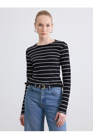 Lcwaıkıkı Basic Ekru Bisiklet Yaka Çizgili Kadın Body