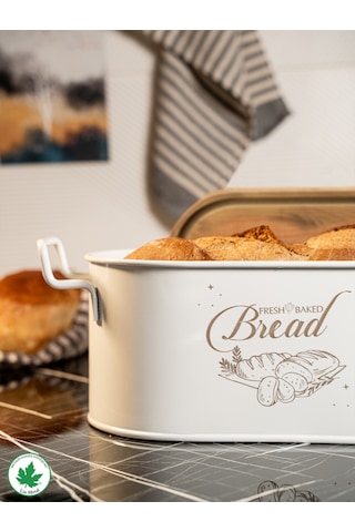 Lin Metal Ahşap Kapaklı Tel Kulplu Metal Ekmeklik - Beyaz