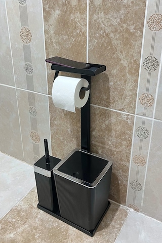 6 Parça Banyo Seti Çöp Kovası, Wc Fırça, Tuvalet Kağıtlık, Diş Fırçalık, Sıvı Sabunluk, Sabunluk Krom - Siyah