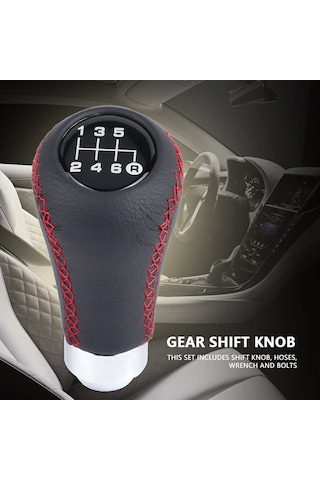 Vkemall Kırmızı Deri 6 Vitesli Universal Araba Vites Topu - 8-12mm Borular Ve Montaj Aletleri İçeren Set Kırmızı