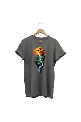 Manzara Ağaç Güneş Dağ Ve Nehir Baskılı %100 Pamuk Regular Fit Bisiklet Yaka Gri T-shirt Gri