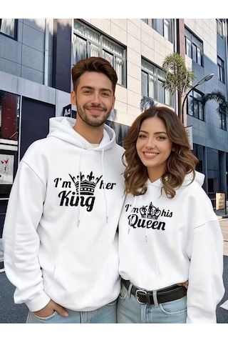 Nevermind Sevgili Çift Kombin King And Queen Baskılı Özel Tasarım Kapüşonlu Beyaz