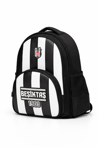 Beşiktaş Lisanslı 3 Bölmeli Çubuklu Desen Okul Çantası - Rubber Logolu Su İtici Kumaşlı Sırt Çantası Siyah - Beyaz